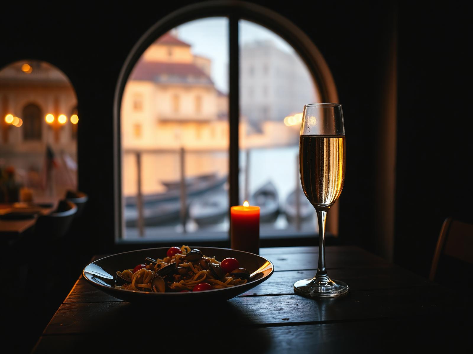 Candlelit table by a Venetian canal